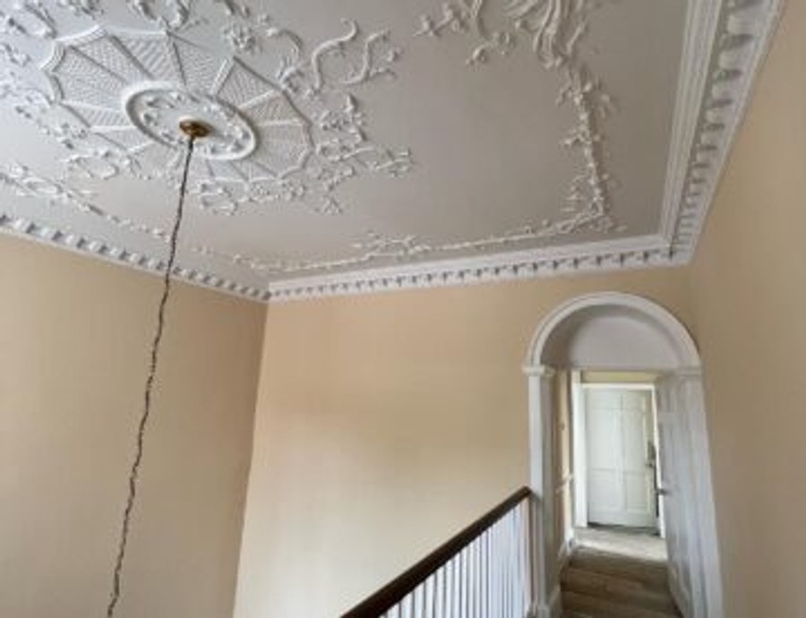 Decorative ceiling rose and cornice repainted on a period landing